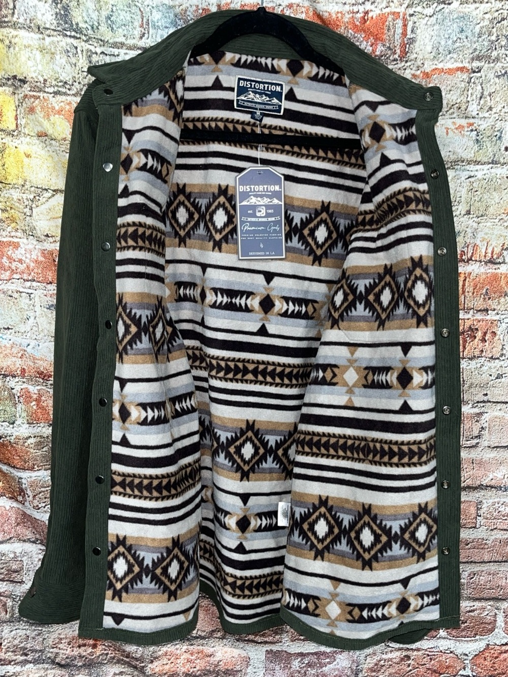 Distortion Olive Green Corduroy Aztec Fleece Lined Jacket Size M - Picture 5 of 8